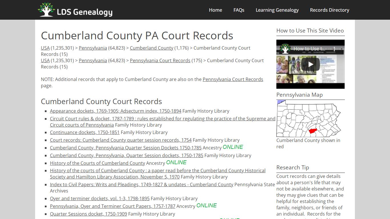 Cumberland County PA Court Records - LDS Genealogy